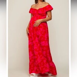 Red Floral Smocked Cinched Top Maternity Maxi Dress